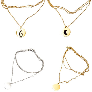 Personalized Gold and Silver Disc Pendant Necklace – Custom Engraved with Initial or Moon Design – Layered Chains – Minimalist Jewelry for Women