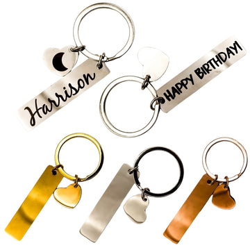 Custom Engraved Name and Birthday Keychains – Personalized Heart and Bar Design
