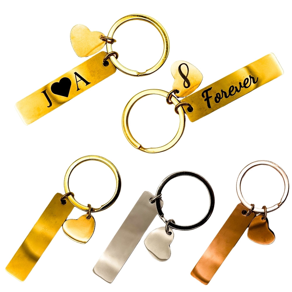 Personalized Couple Keychains with Custom Engraving - Heart and Bar Design - Matching Key Rings for Him and Her - Available in Gold, Silver, and Rose Gold - Perfect for Anniversary, Valentine’s Day, or Special Gifts