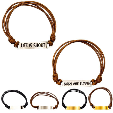 Personalized Engraved Inspirational Bracelet Set – "Life is Short" & "Birds are Flying" – Adjustable Cord Bracelets in Black and Brown – Motivational Jewelry for Men and Women