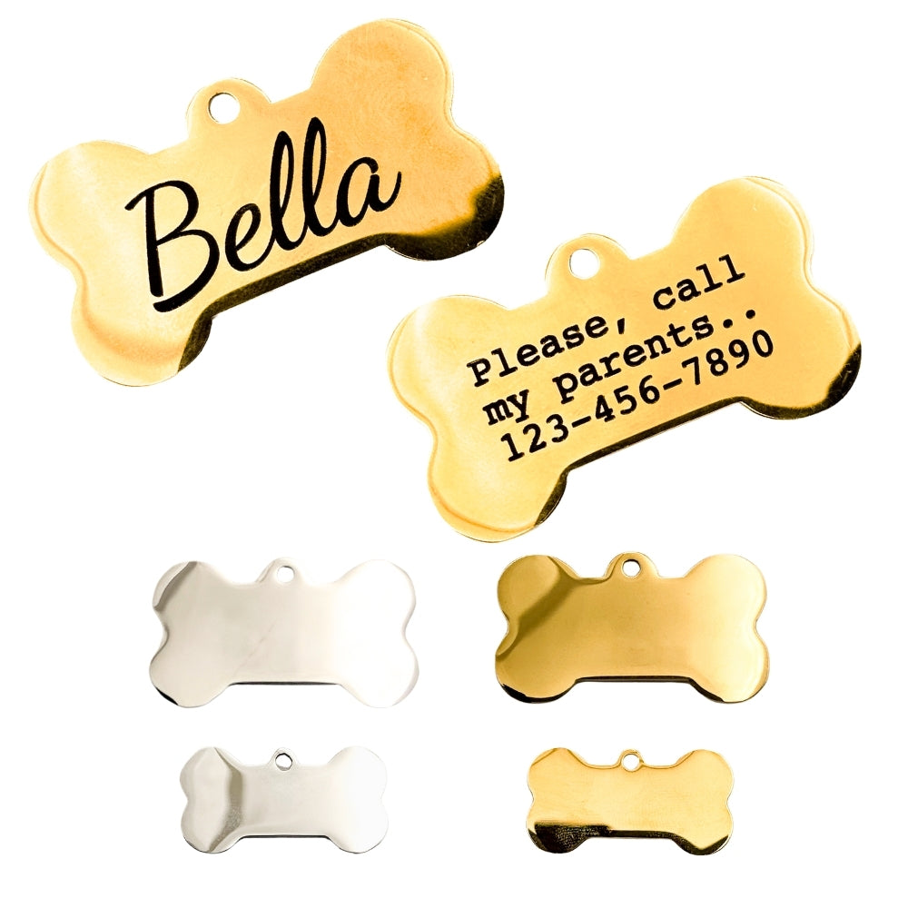 Custom Engraved Gold Dog Tags – Personalized Bone-Shaped Pet ID Tags with Name & Contact Info, Stainless Steel Silent Tags for Dogs & Cats, Available in Small & Large Sizes