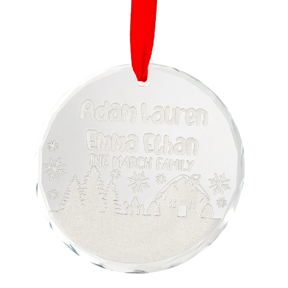 Personalized Family Christmas Ornament 2024 – Custom Engraved Crystal Ornament with Names – Family Holiday Keepsake – Clear Glass Christmas Tree Decoration with Red Ribbon