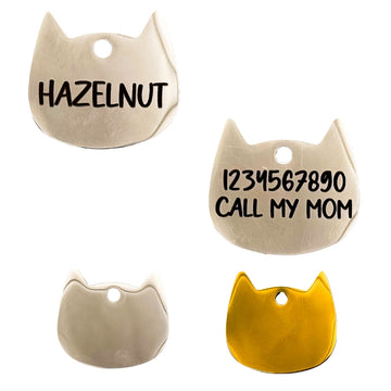 Custom Cat ID Tag with Funny Message – Engraved Pet Name Tag for Cats & Kittens – Durable Cat-Shaped Tag – Gold & Silver Options