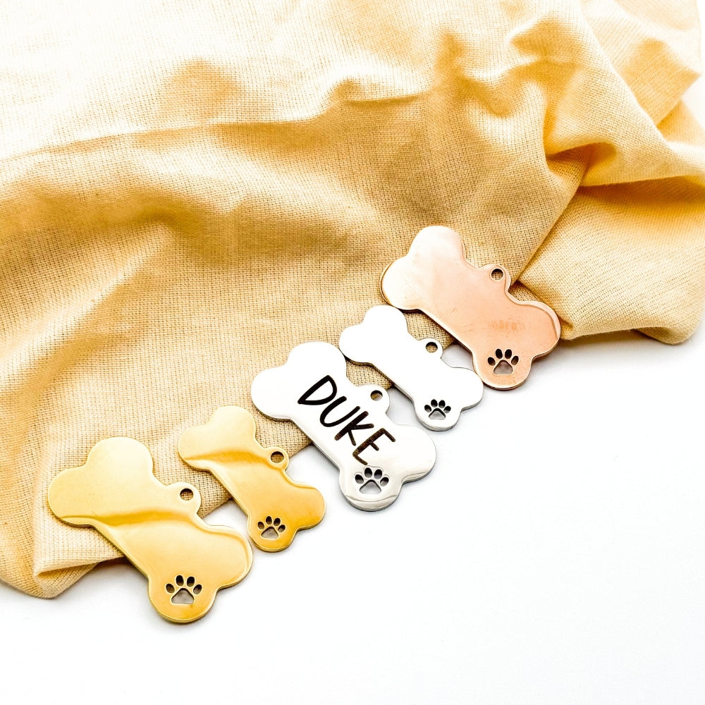 Personalized Dog Tags with Custom Engraving - Durable Stainless Steel Pet ID Tags - Available in Silver, Gold, and Rose Gold - Small and Large Sizes - Bone-Shaped Design with Paw Print for Dogs