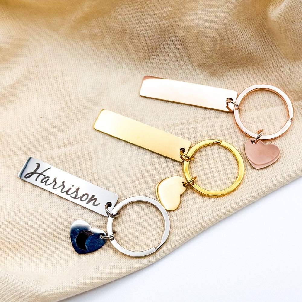 Custom Engraved Name and Birthday Keychains – Personalized Heart and Bar Design – Customizable Key Rings for Him or Her – Perfect for Birthdays, Anniversaries, or Special Gifts